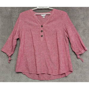 Cj Banks Linen Blend Womens XL Red 3/4 Tie Sleeves V-neck Buttons Tunic